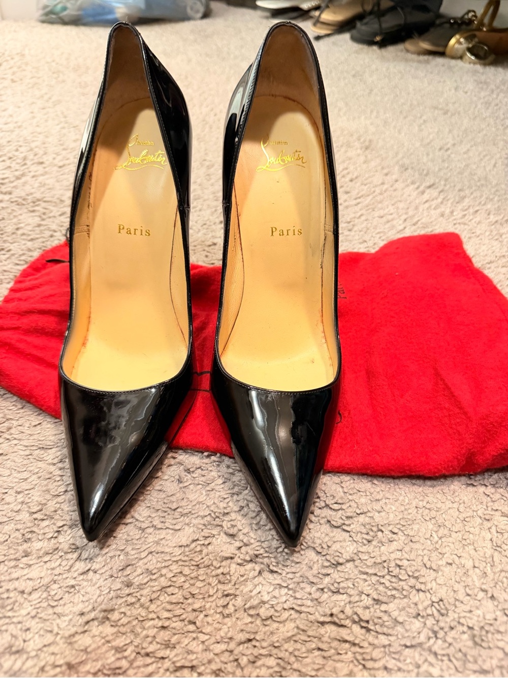 Christian Louboutin Black Patent Pointed Pumps with Red Dust Bag